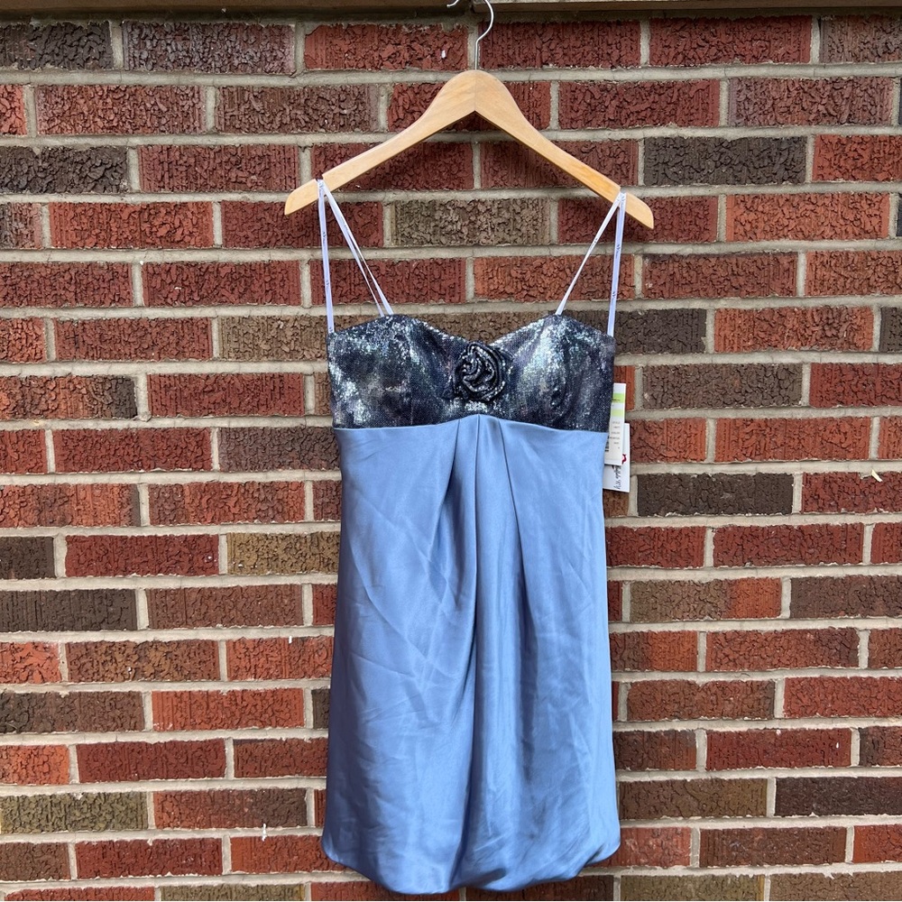 NV Couture Gray Blue Satin and Sequin Strapless Mini Dress